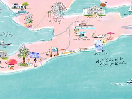 Illustrated Map of Gulf Shores & Orange Beach highlighting local attractions, useful for visitors driving or flying to Gulf Shores, AL