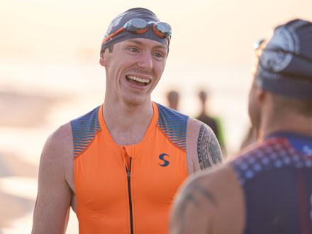 Triathlon runner making friends
