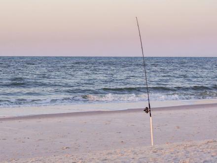 Fishing rod set in the sand along the shore in Gulf Shores at sunrise