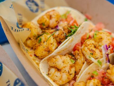 a basket of shrimp tacos at The Gulf beachfront restaurant in Orange Beach